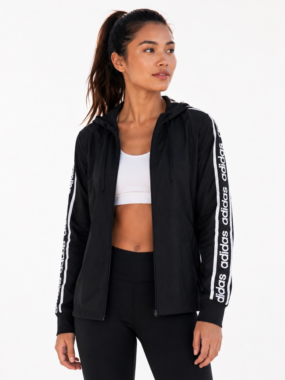 adidas Black Hooded Windbreaker with White Logo Sleeve Stripes Size XS(4-6)
